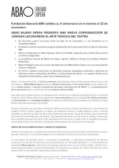 ABAO Bilbao Opera presenta una nueva coproducción de Adriana Lecouvreur, el arte trágico del teatro