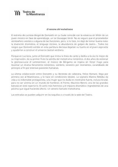 Lucrezia Borgia por primera vez en el Teatro de la Maestranza en diciembre