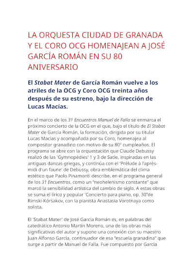 La Orquesta Ciudad de Granada y el Coro OCG homenajean a José García Román en su 80º aniversario