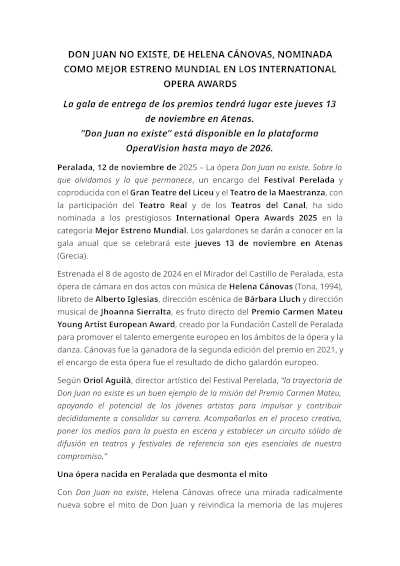 Don Juan no existe, de Helena Cánovas, nominada como mejor estreno mundial en los International Opera Awards