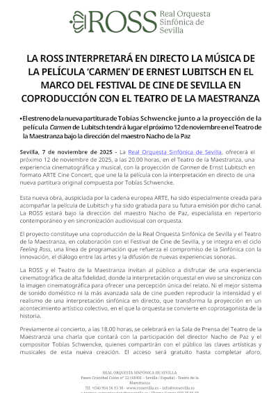 La ROSS interpretará en directo la música de la película «Carmen» de Lubitsch dentro del Festival de Cine de Sevilla