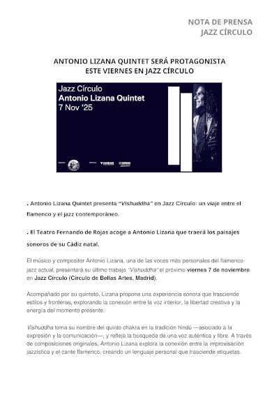 Antonio Lizana Quintet será el protagonista en el Ciclo Jazz Círculo del Círculo de Bellas Artes
