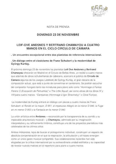 Leif Ove Andsnes y Bertrand Chamayou a cuatro manos en el Cíclo Círculo de Cámara