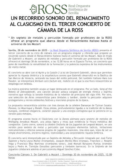 Un recorrido sonoro del Renacimiento al Clasicismo en el Tercer Concierto del Ciclo de Cámara de la ROSS