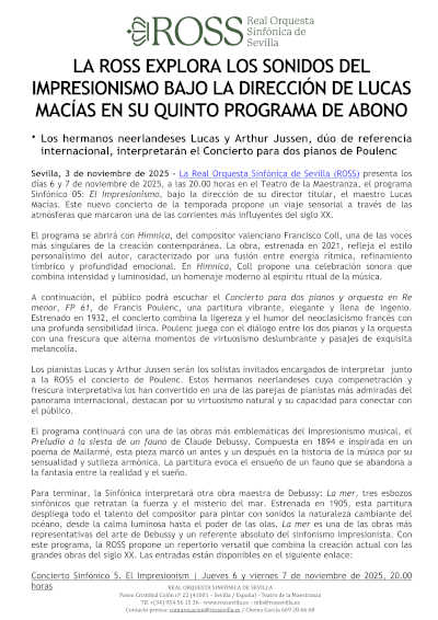 La ROSS, con Lucas Macías y Lucas y Arthur Jussen, explora los sonidos del impresionismo en su quinto programa de abono