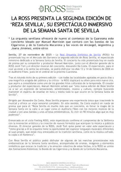 La ROSS presenta la segunda edición de «Reza Sevilla», su espectáculo inmersivo de la Semana Santa de Sevilla