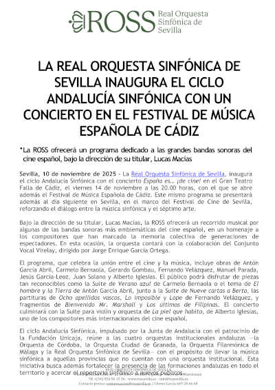 La ROSS inaugura el Ciclo Andalucía Sinfónica con un Concierto en el Festival de Música Española de Cádiz