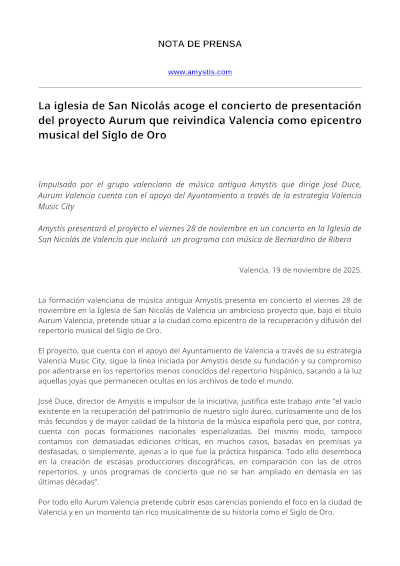 Aurum Valencia, nuevo proyecto sobre el Siglo de Oro, se presenta en la iglesia de San Nicolás