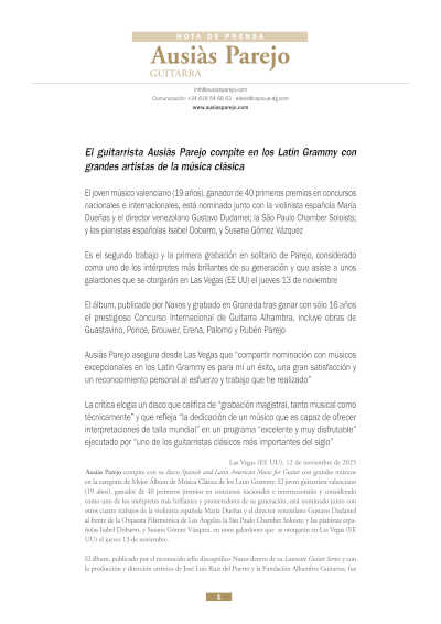 El guitarrista Ausiàs Parejo compite en los Latin Grammy con grandes artistas de la música clásica