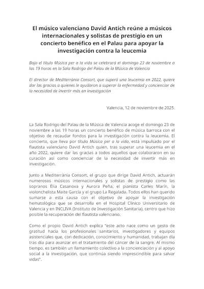 David Antich lidera un concierto benéfico en el Palau por la investigación contra la leucemia