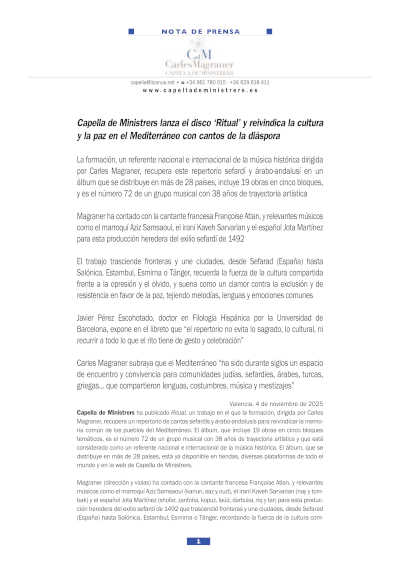 Capella de Ministrers lanza el disco «Ritual» y reivindica la cultura y la paz en el Mediterráneo con cantos de la diáspora