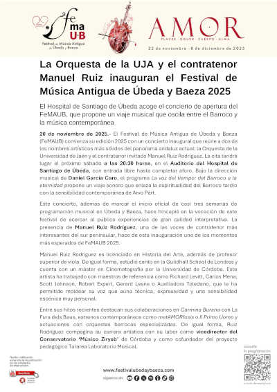 La Orquesta de la UJA y el contratenor Manuel Ruiz inauguran el Festival de Música Antigua de Úbeda y Baeza 2025