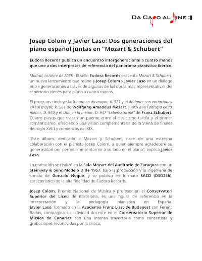 Josep Colom y Javier Laso: Dos generaciones del piano español juntas en «Mozart & Schubert»