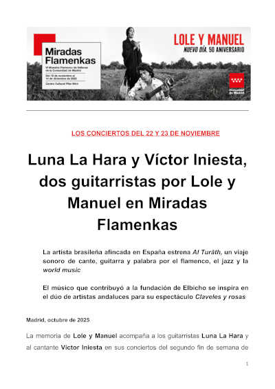 Luna La Hara y Víctor Iniesta, dos guitarristas por Lole y Manuel en Miradas Flamenkas