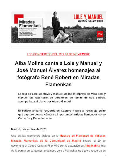 Alba Molina canta a Lole y Manuel y José Manuel Álvarez homenajea al fotógrafo René Robert en Miradas Flamenkas