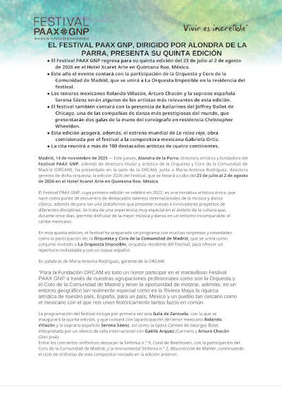 El Festival PAAX GNP, dirigido por Alondra de la Parra, presenta su quinta edición