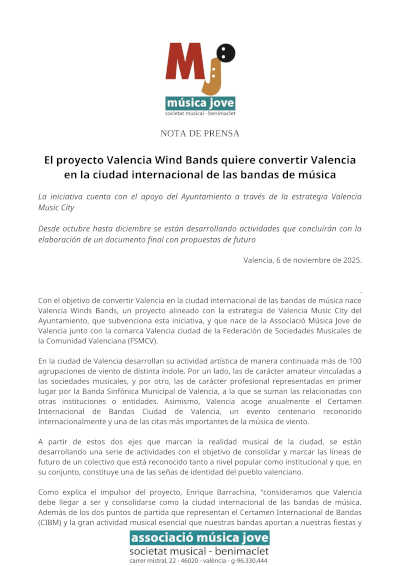 El proyecto Valencia Wind Bands quiere convertir Valencia en la ciudad internacional de las bandas de música
