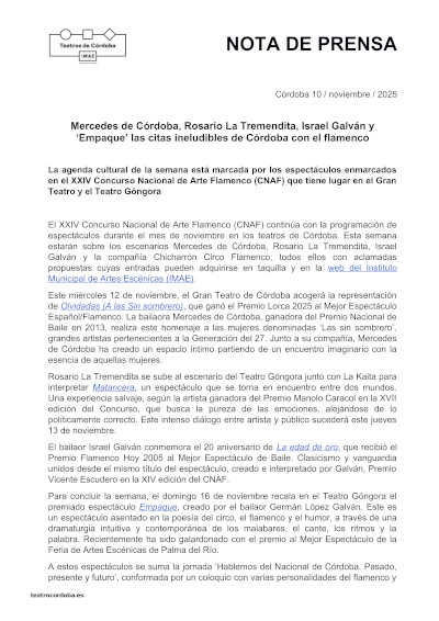 Mercedes de Córdoba, Rosario La Tremendita, Israel Galván y «Empaque» las citas ineludibles del CNAF