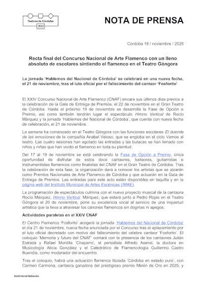 Recta final del CNAF con un lleno absoluto de escolares sintiendo el flamenco en el Teatro Góngora