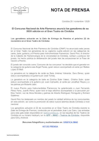 El Concurso Nacional de Arte Flamenco anuncia los ganadores de su XXIV edición en el Gran Teatro de Córdoba