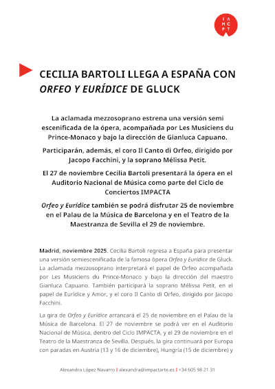 Cecilia Bartoli llega a España con Orfeo y Eurídice de Gluk