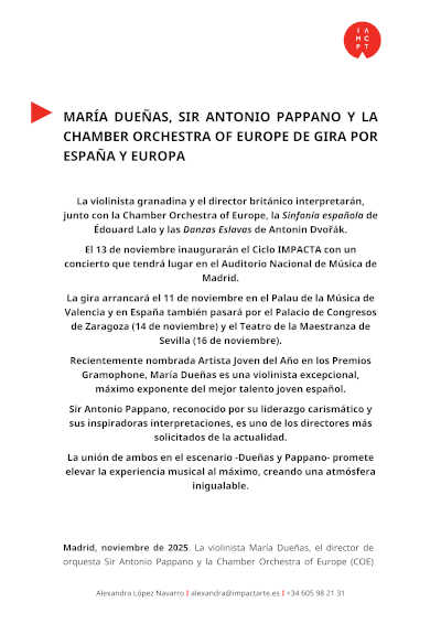 María Dueñas, Sir Antonio Pappano y la Chamber Orchestra of Europe de gira por España y Europa