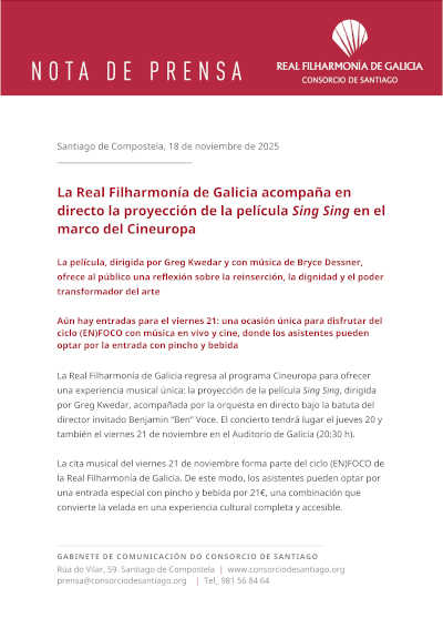 La Real Filharmonía de Galicia acompaña en directo la proyección de la película Sing Sing en el marco del Cineuropa