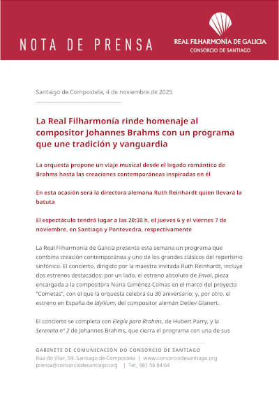 La Real Filharmonía rinde homenaje al compositor Johannes Brahms con un programa que une tradición y vanguardia