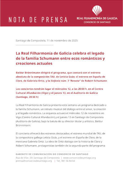 La Real Filharmonía de Galicia celebra el legado de la familia Schumann entre ecos románticos y creaciones actuales