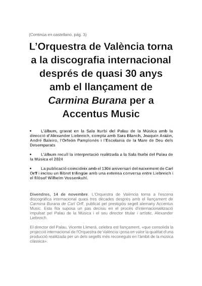 La Orquesta de València vuelve a la discografía internacional con el lanzamiento de Carmina Burana para Accentus Music