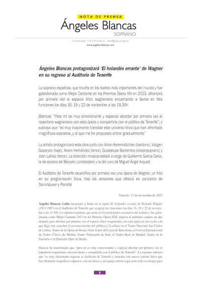 Ángeles Blancas protagonizará «El holandés errante» de Wagner en su regreso al Auditorio de Tenerife