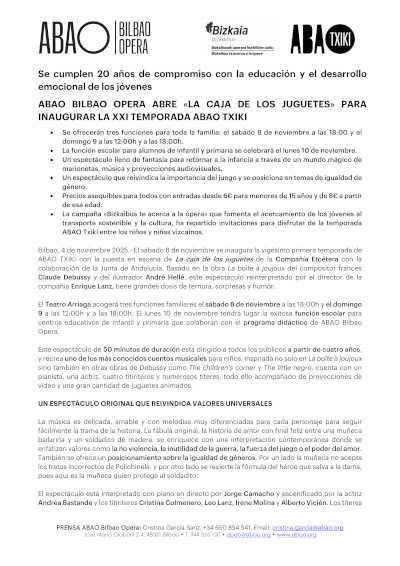 ABAO Bilbao Opera abre «La caja de juguetes» para inaugurar la XXI Temporada ABAO Txiki