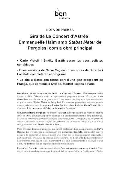 Gira de Le Concert d’Astrée y Emmanuelle Haïm con Stabat Mater de Pergolesi como obra principal