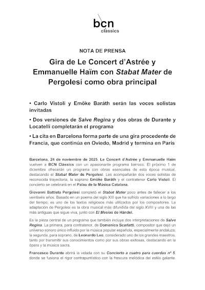 Gira de Le Concert d’Astrée y Emmanuelle Haïm con Stabat Mater de Pergolesi como obra principal