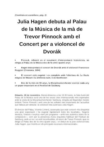 Julia Hagen debuta en el Palau de la Música de la mano de Trevor Pinnock con el Concierto para violonchelo de Dvorák Julia Hagen debuta en el Palau de la Música de la mano de Trevor Pinnock con el Concierto para violonchelo de Dvorák
