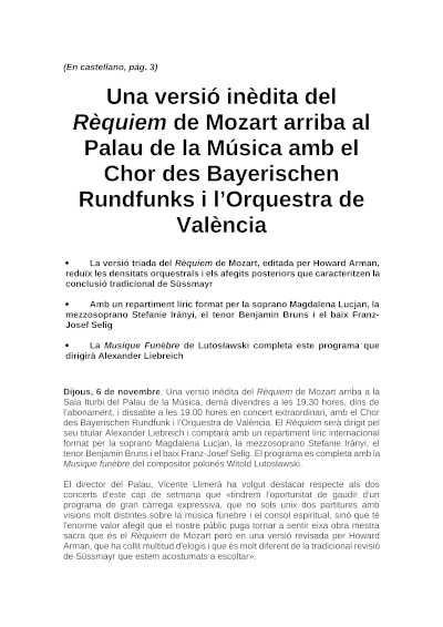 Réquiem inédito de Mozart en el Palau con el Coro de la Radio Bávara y la Orquesta de València