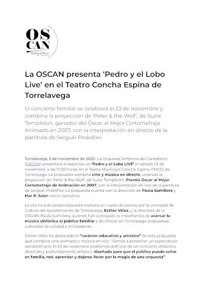 La OSCAN presenta «Pedro y el Lobo Live» en el Teatro Concha Espina de Torrelavega