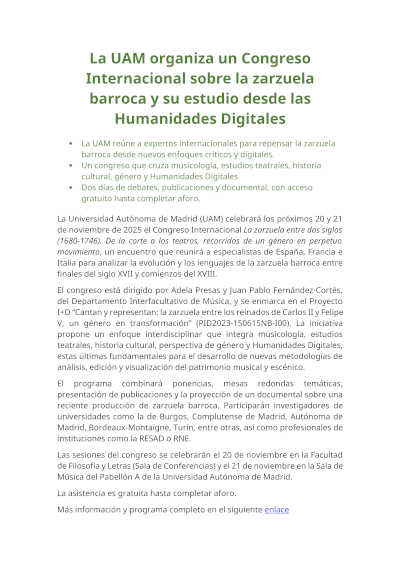La UAM organiza un Congreso Internacional dedicado a la zarzuela barroca y a su estudio desde las Humanidades Digitales
