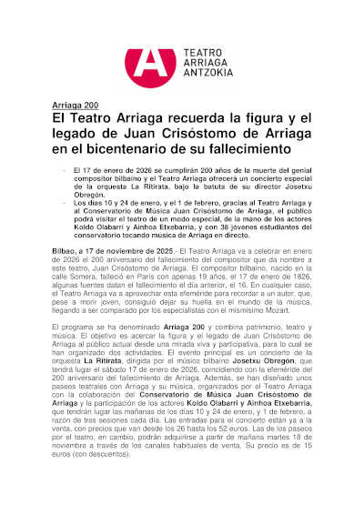 El Teatro Arriaga recuerda la figura y el legado de Juan Crisóstomo de Arriaga en el bicentenario de su fallecimiento