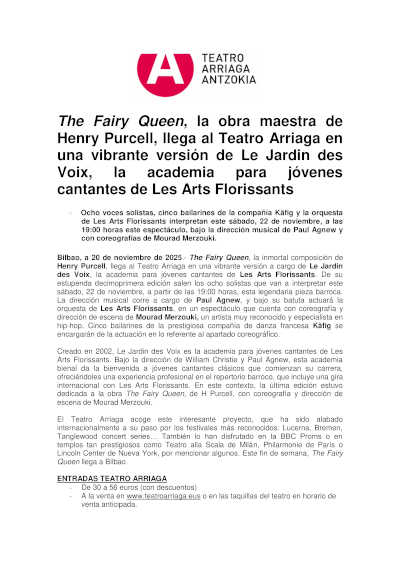 The Fairy Queen, obra maestra de Henry Purcell, llega al Teatro Arriaga en una vibrante versión de Le Jardin des Voix