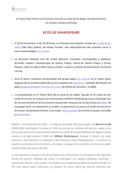El Teatro Real ofrece una función única de La reina de las hadas, de Henry Purcell, en versión semiescenificada