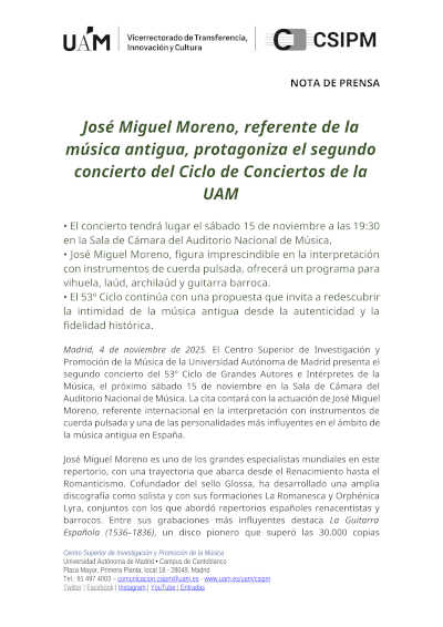 José Miguel Moreno, referente de la música antigua, protagoniza el segundo concierto del Ciclo de Conciertos de la UAM