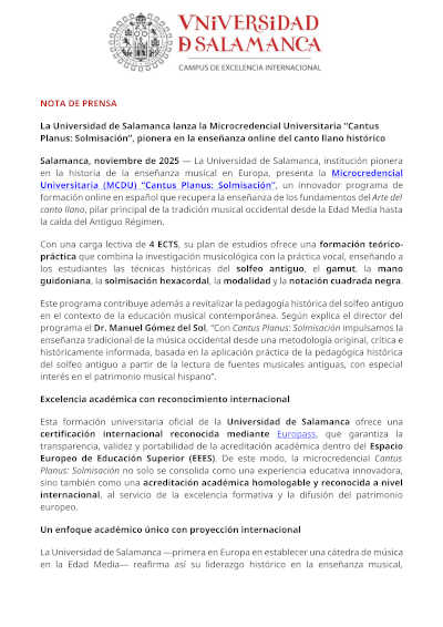 La USAL presenta la microcredencial online “Cantus Planus: Solmisación”, dedicada al canto llano histórico