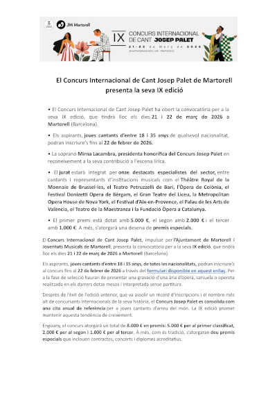 El Concurso Internacional de Canto Josep Palet de Martorell presenta su IX edición
