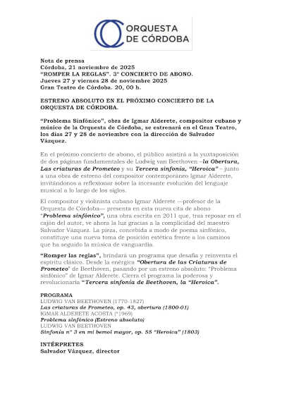 Estreno absoluto en el próximo concierto de la Orquesta de Córdoba