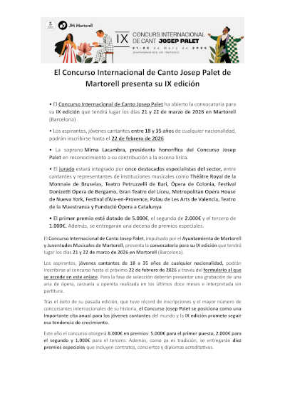 El Concurso Internacional de Canto Josep Palet de Martorell presenta su IX edición