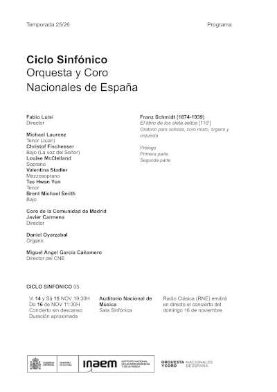 Fabio Luisi regresa a la Orquesta y Coro Nacionales de España para dirigir El libro de los siete sellos de Franz Schmidt