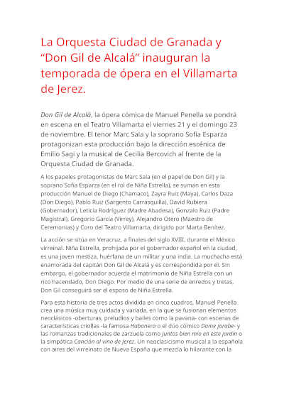 La Orquesta Ciudad de Granada y «Don Gil de Alcalá» inauguran la temporada de ópera en el Villamarta de Jerez