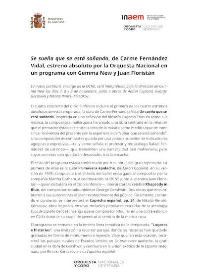 Se sueña que se está soñando, de Carme Fernández Vidal, estreno absoluto por la OCNE