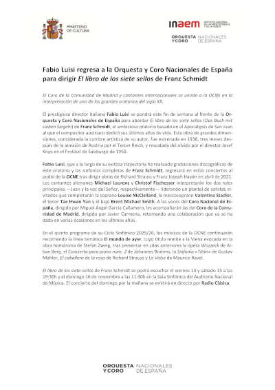 Fabio Luisi regresa a la Orquesta y Coro Nacionales de España para dirigir El libro de los siete sellos de Franz Schmidt